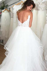 Ivory Organza Spaghetti Straps Lace Appliqued Beach Wedding Dresses